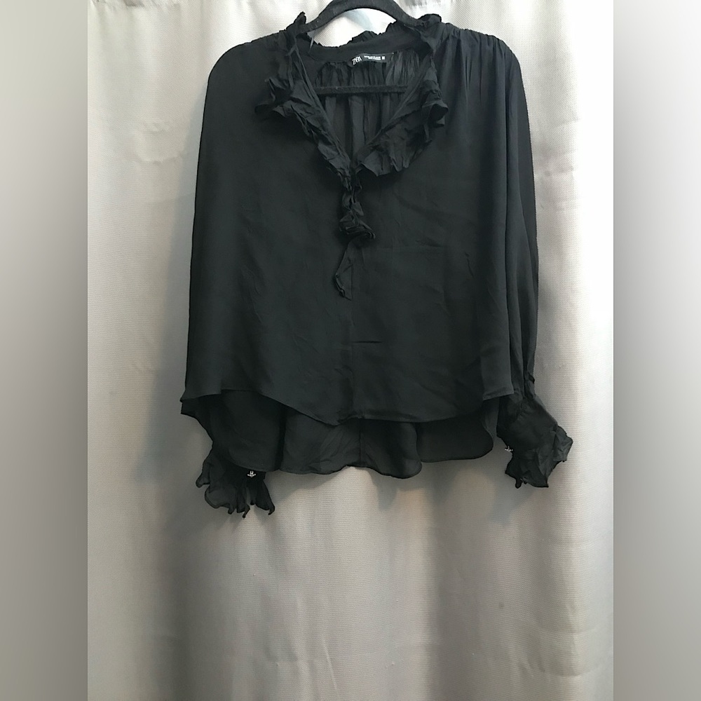 Zara black sheer ruffle design long sleeve blouse size x small